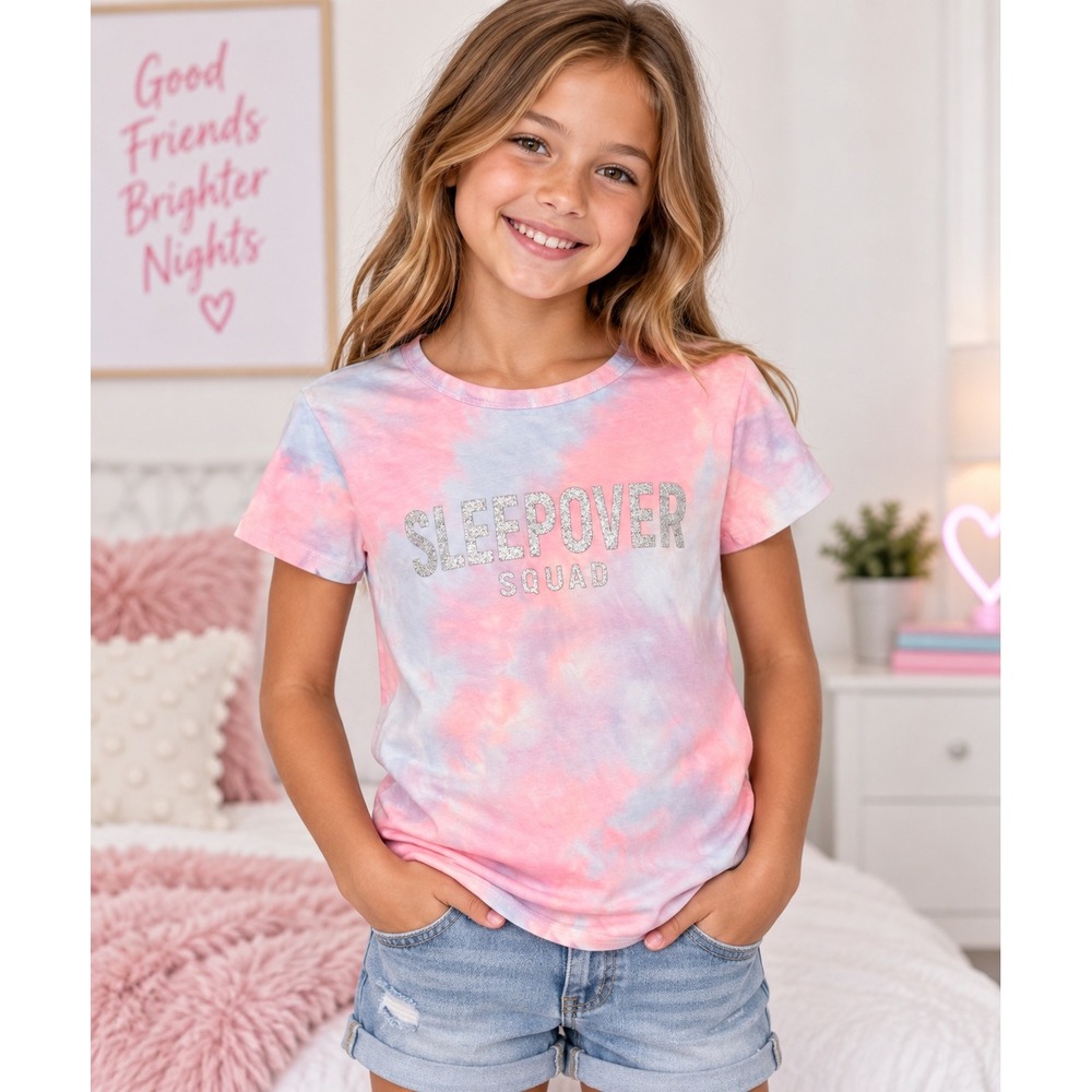 Girls Short Sleeve Tie Dye T-Shirt Sleepover Squad Glitter Cotton Pink Size 12